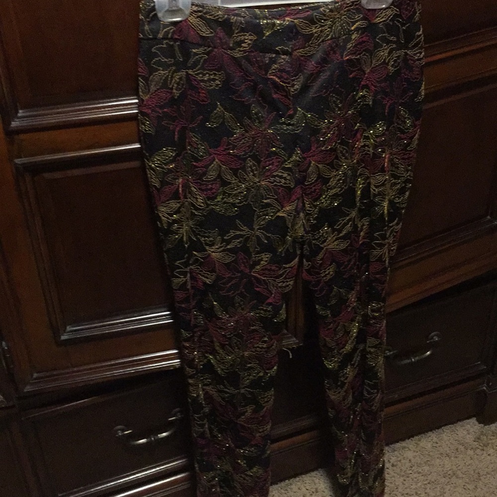 Cache Dress Pants with decorative gold embroidery.